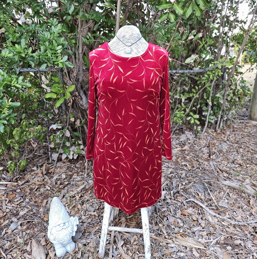 Vintage 90s Ronnie Nicole Whimsigoth Glam Red Velvet And Gold Leaf Dress